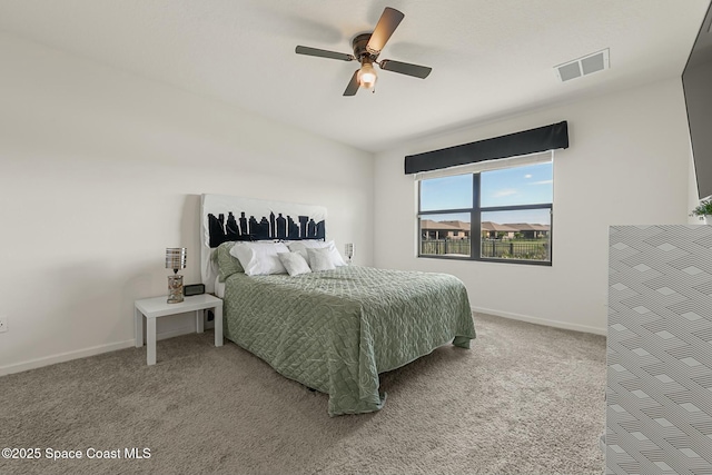 bedroom featuring a ceiling fan, carpet, visible vents, and baseboards