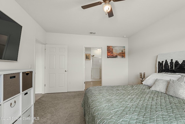 bedroom featuring carpet flooring, visible vents, and a ceiling fan