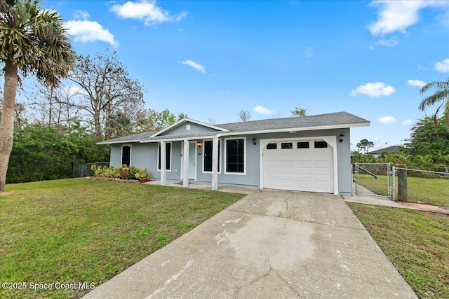 ranch-style house featuring an attached garage, a front yard, a gate, fence, and driveway