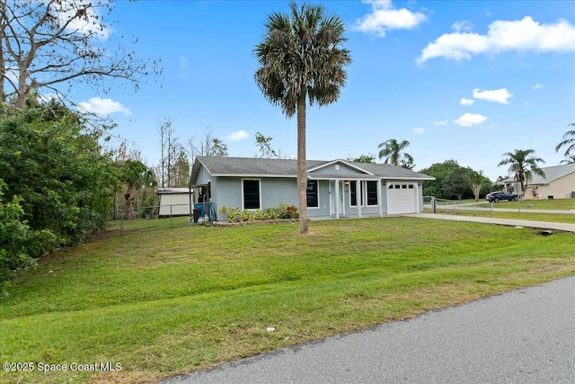 single story home featuring a garage, fence, driveway, stucco siding, and a front yard