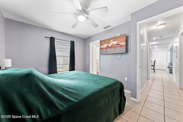 bedroom with a ceiling fan, visible vents, baseboards, and light tile patterned floors