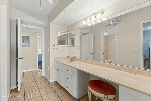 bathroom featuring tile patterned flooring, vanity, a ceiling fan, electric panel, and walk in shower