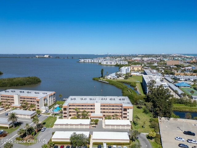 drone / aerial view featuring a water view