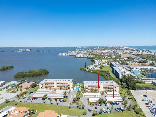 aerial view featuring a water view