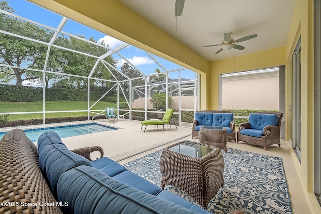 exterior space featuring an outdoor living space, a patio, a lanai, and a ceiling fan