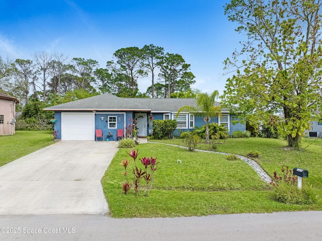 ranch-style house with a garage, concrete driveway, and a front yard