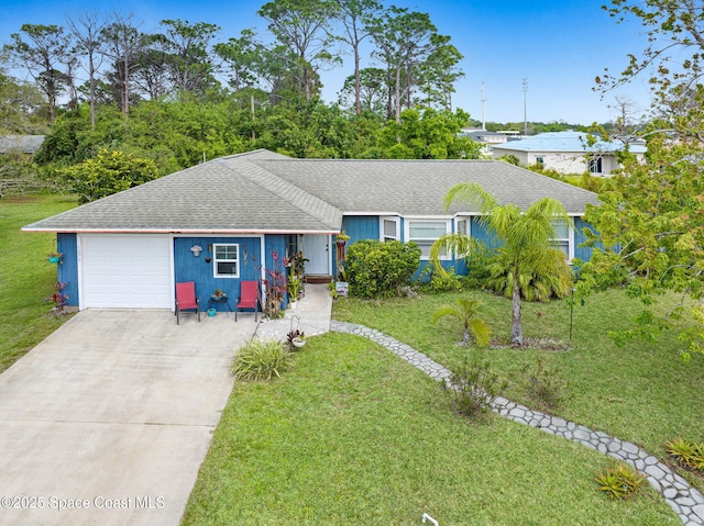 ranch-style home featuring an attached garage, driveway, a shingled roof, and a front yard