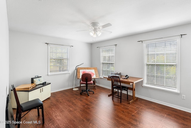 home office with baseboards, ceiling fan, wood finished floors, and a healthy amount of sunlight