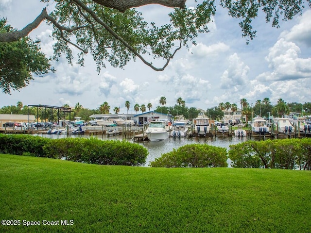 dock area featuring a water view and a lawn