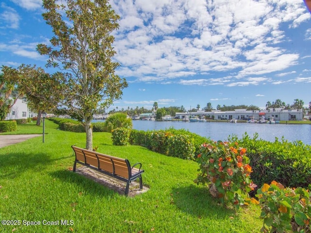 surrounding community featuring a lawn and a water view