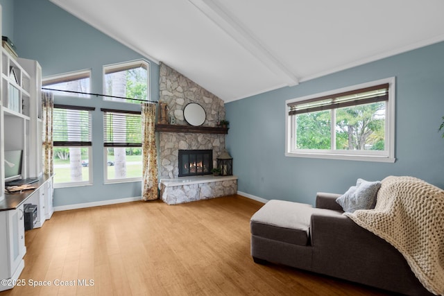 living room featuring plenty of natural light, a fireplace, baseboards, and wood finished floors