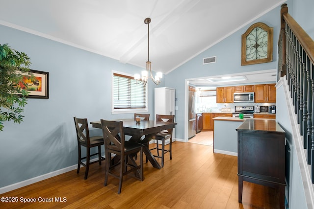 dining space with lofted ceiling, light wood-style floors, visible vents, and a wealth of natural light