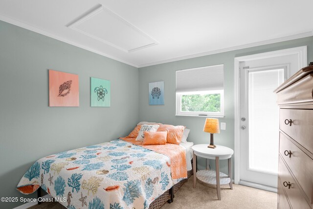 bedroom with carpet, attic access, and ornamental molding