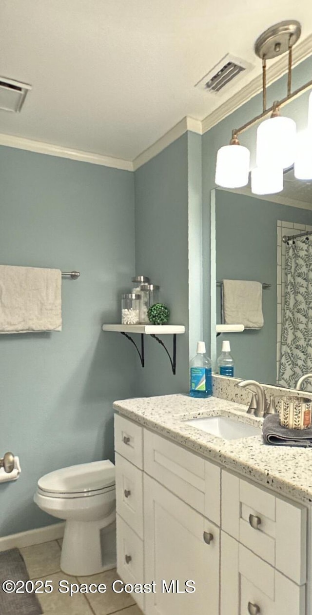 full bath with tile patterned flooring, visible vents, crown molding, and toilet