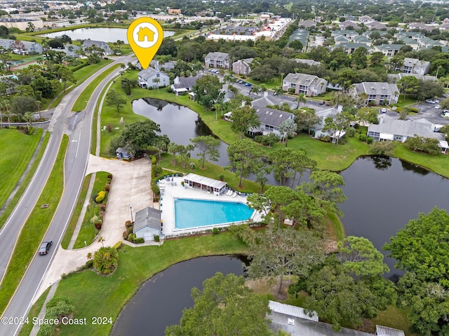 aerial view with a water view and a residential view