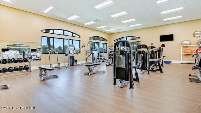 exercise room with a paneled ceiling, baseboards, and wood finished floors