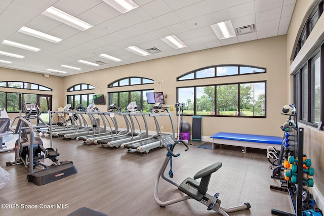 exercise room with visible vents, plenty of natural light, a towering ceiling, and a drop ceiling