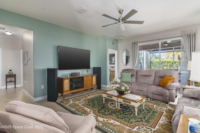 living area with ceiling fan, visible vents, and baseboards