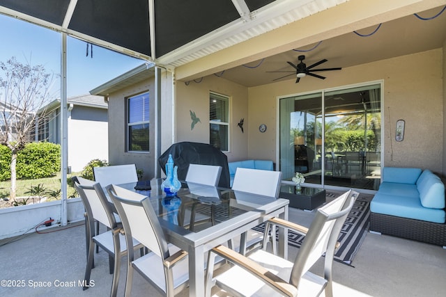 view of patio with ceiling fan, outdoor lounge area, and outdoor dining space