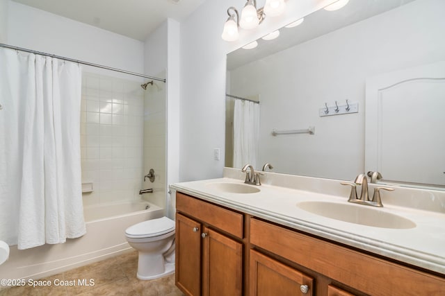 3485 Sansome Cir, Melbourne, FL 32940 - bathroom with toilet, tile patterned floors, double vanity, and shower / bathtub combination with curtain