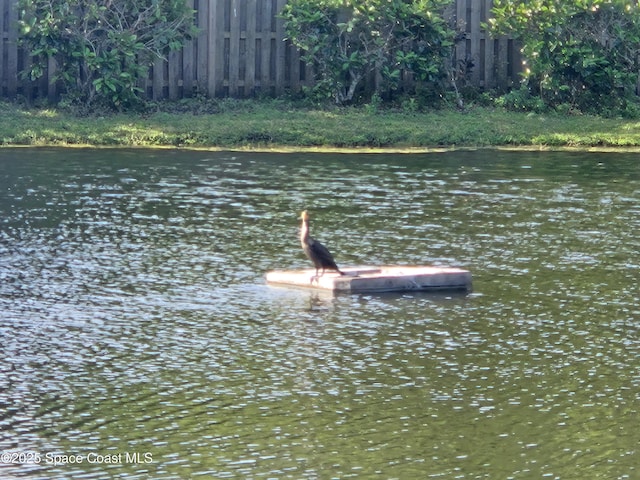 property view of water with a boat dock and fence