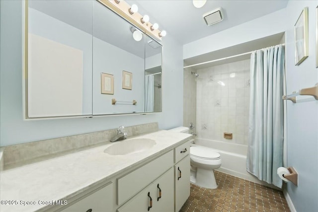 bathroom featuring toilet, tile patterned flooring, vanity, and shower / bathtub combination with curtain