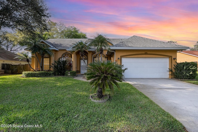 view of front of house with a garage, a front lawn, fence, and stucco siding