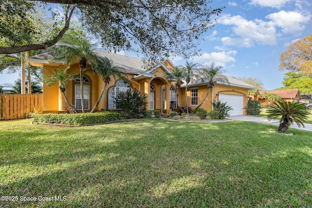 view of front of house with an attached garage, a front yard, fence, and stucco siding