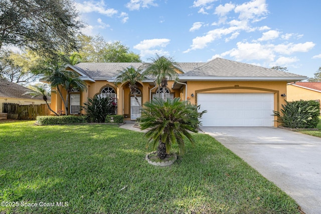 single story home featuring a front yard, fence, an attached garage, and stucco siding