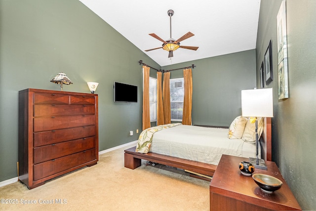 bedroom featuring lofted ceiling, carpet flooring, ceiling fan, and baseboards