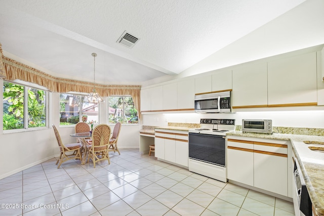 kitchen featuring visible vents, lofted ceiling, stainless steel microwave, a textured ceiling, and white range with electric cooktop