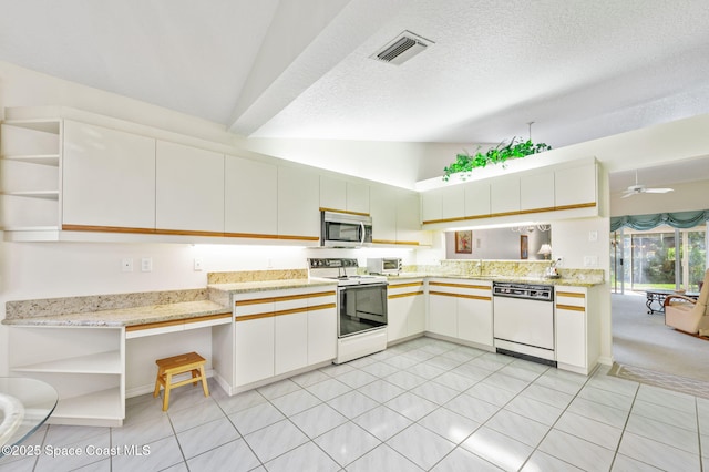 kitchen with white appliances, vaulted ceiling, visible vents, and open shelves