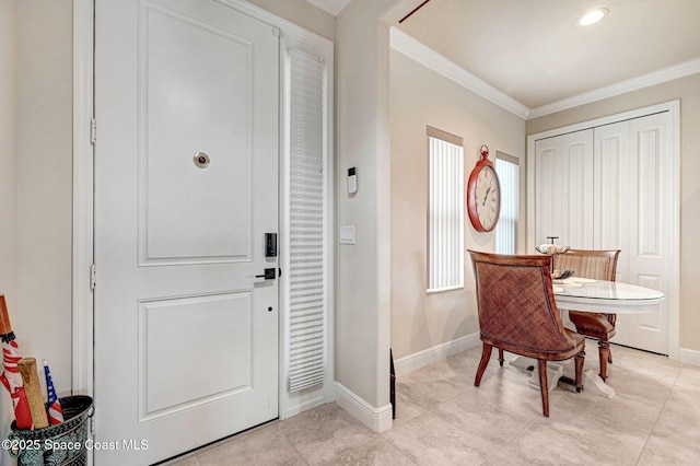 entrance foyer with recessed lighting, light tile patterned flooring, crown molding, and baseboards