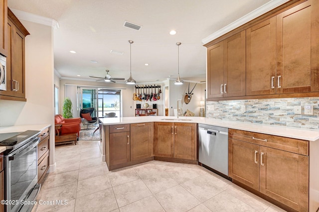 kitchen with stainless steel appliances, visible vents, brown cabinetry, open floor plan, and a peninsula