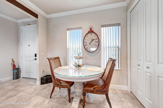 dining area featuring baseboards, light tile patterned floors, and crown molding