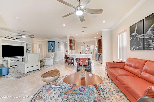 living room featuring ceiling fan, visible vents, ornamental molding, and recessed lighting