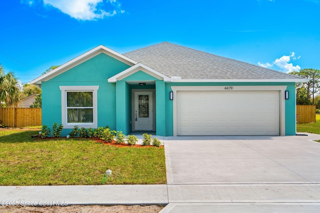 ranch-style house featuring concrete driveway, a front lawn, fence, and stucco siding