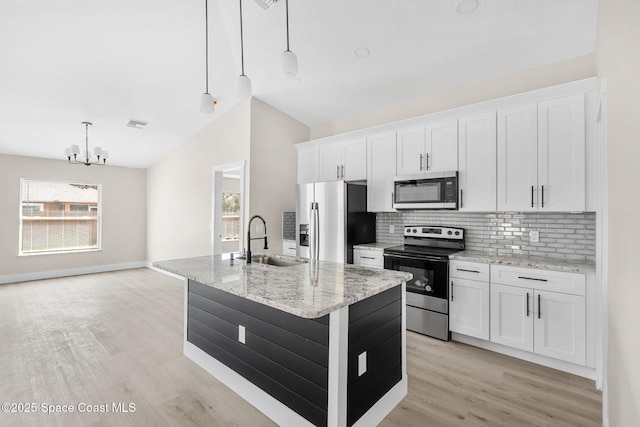 kitchen with appliances with stainless steel finishes, white cabinets, vaulted ceiling, a sink, and an island with sink