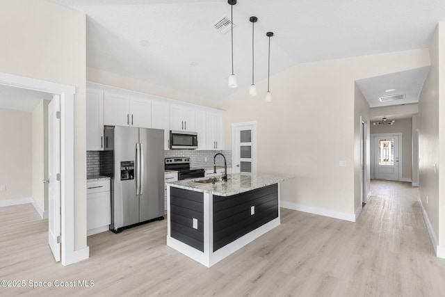 kitchen with visible vents, decorative backsplash, white cabinets, appliances with stainless steel finishes, and a sink