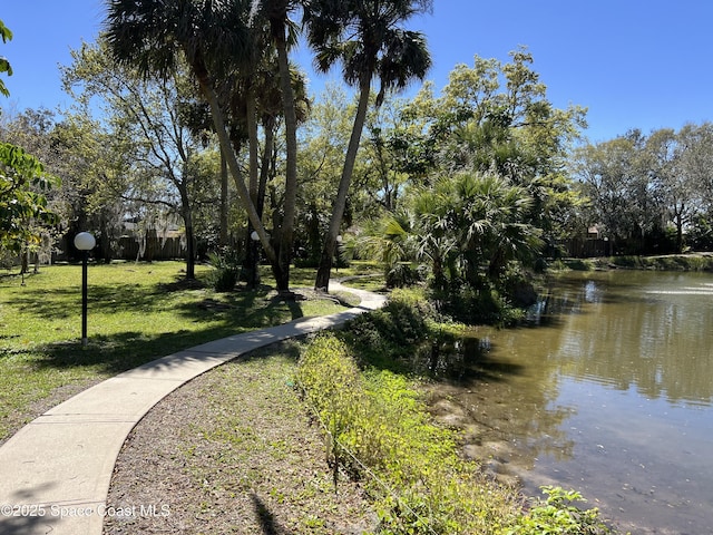 view of home's community with a yard and a water view