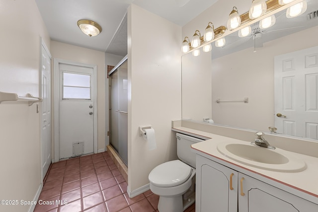 full bath with toilet, a shower stall, vanity, and tile patterned floors