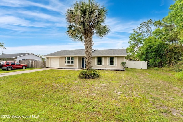 single story home featuring a garage, a front yard, driveway, and fence