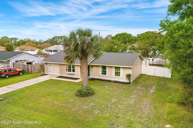 ranch-style home featuring a front yard, concrete driveway, fence, and a gate