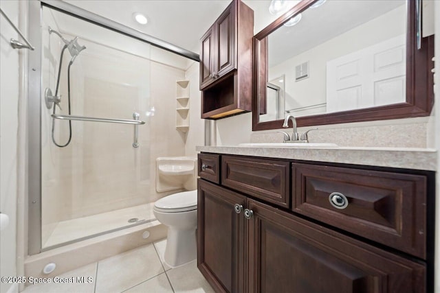 full bath with visible vents, toilet, tile patterned flooring, vanity, and a shower stall