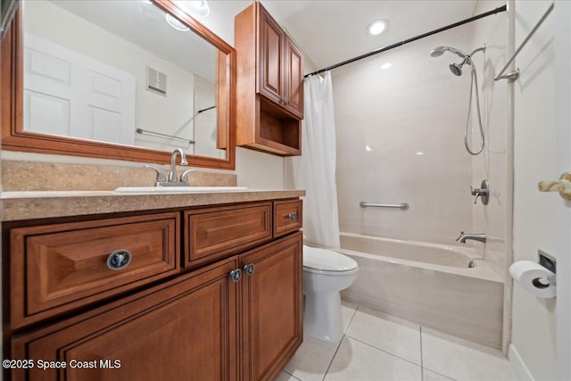 bathroom featuring toilet, shower / tub combo, visible vents, vanity, and tile patterned floors