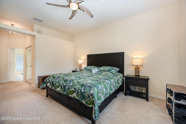 bedroom featuring carpet floors, visible vents, baseboards, and a ceiling fan