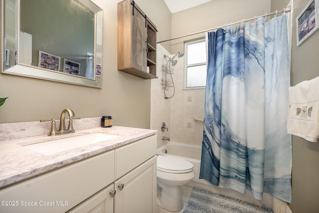 full bath featuring toilet, shower / tub combo with curtain, and vanity