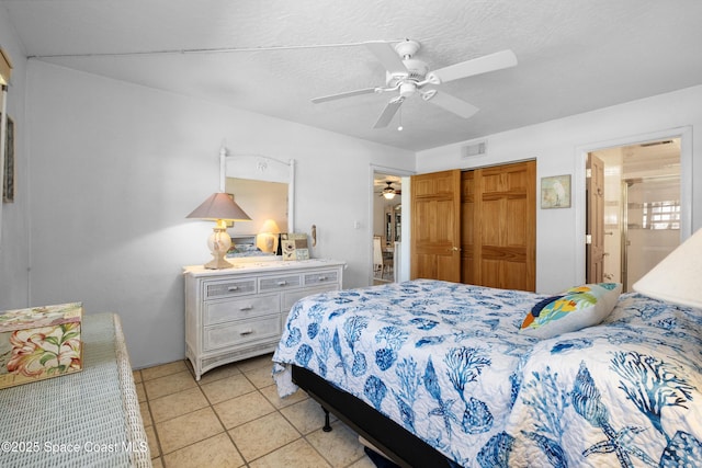 bedroom with a ceiling fan, visible vents, a closet, a textured ceiling, and connected bathroom