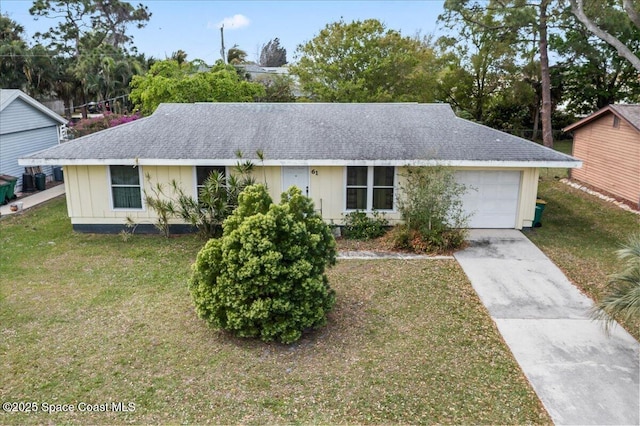 single story home featuring board and batten siding, an attached garage, a shingled roof, and a front lawn