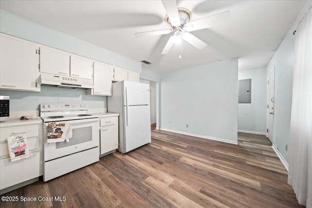 kitchen with under cabinet range hood, white appliances, visible vents, white cabinetry, and electric panel